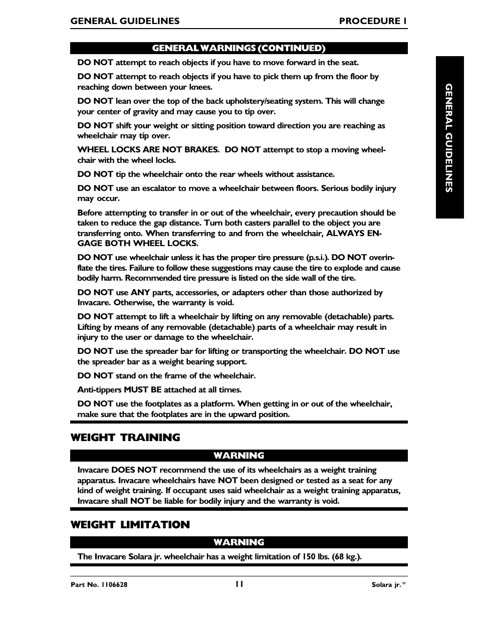 Weight training, Weight limitation | Invacare Solara Jr. 1106628 User Manual | Page 11 / 60