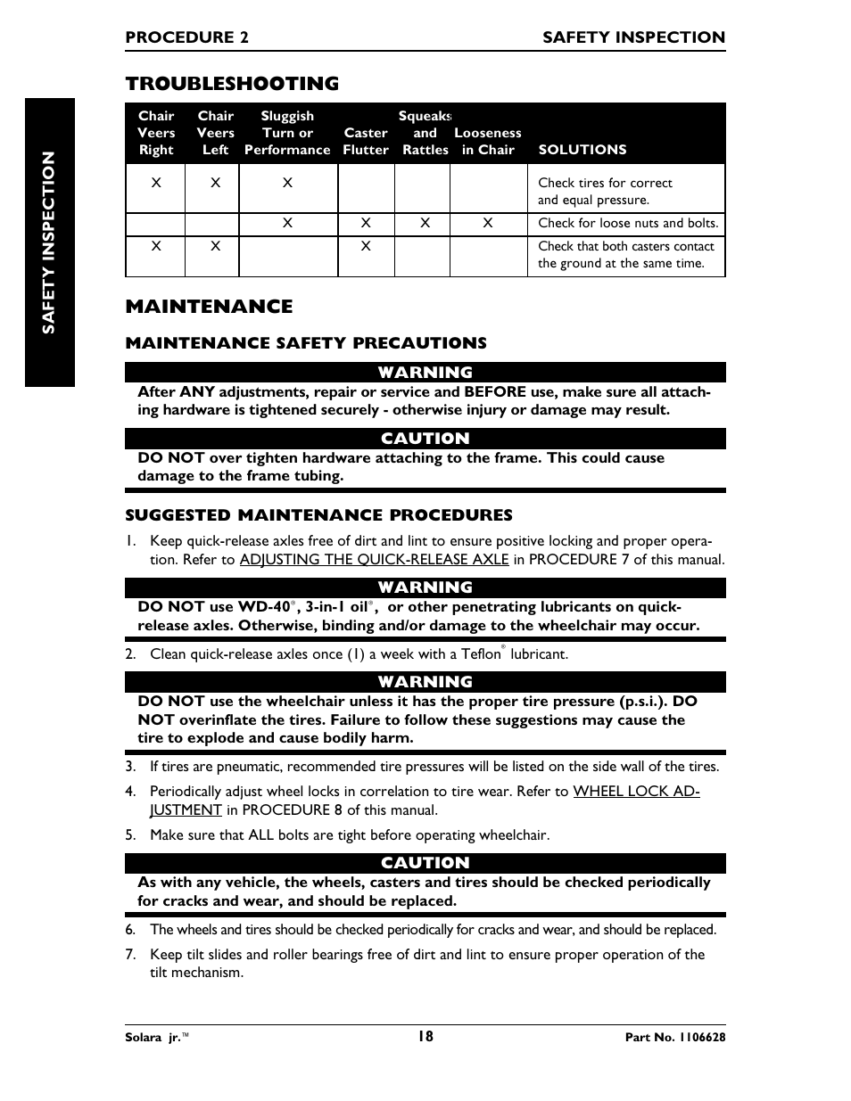 Troubleshooting, Maintenance | Invacare Solara Jr. 1106628 User Manual | Page 18 / 60