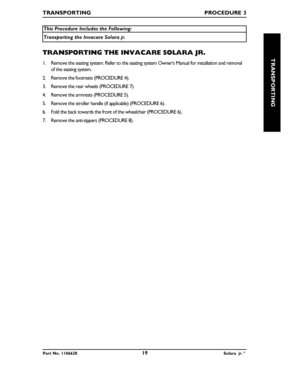 Transporting the invacare solara jr | Invacare Solara Jr. 1106628 User Manual | Page 19 / 60
