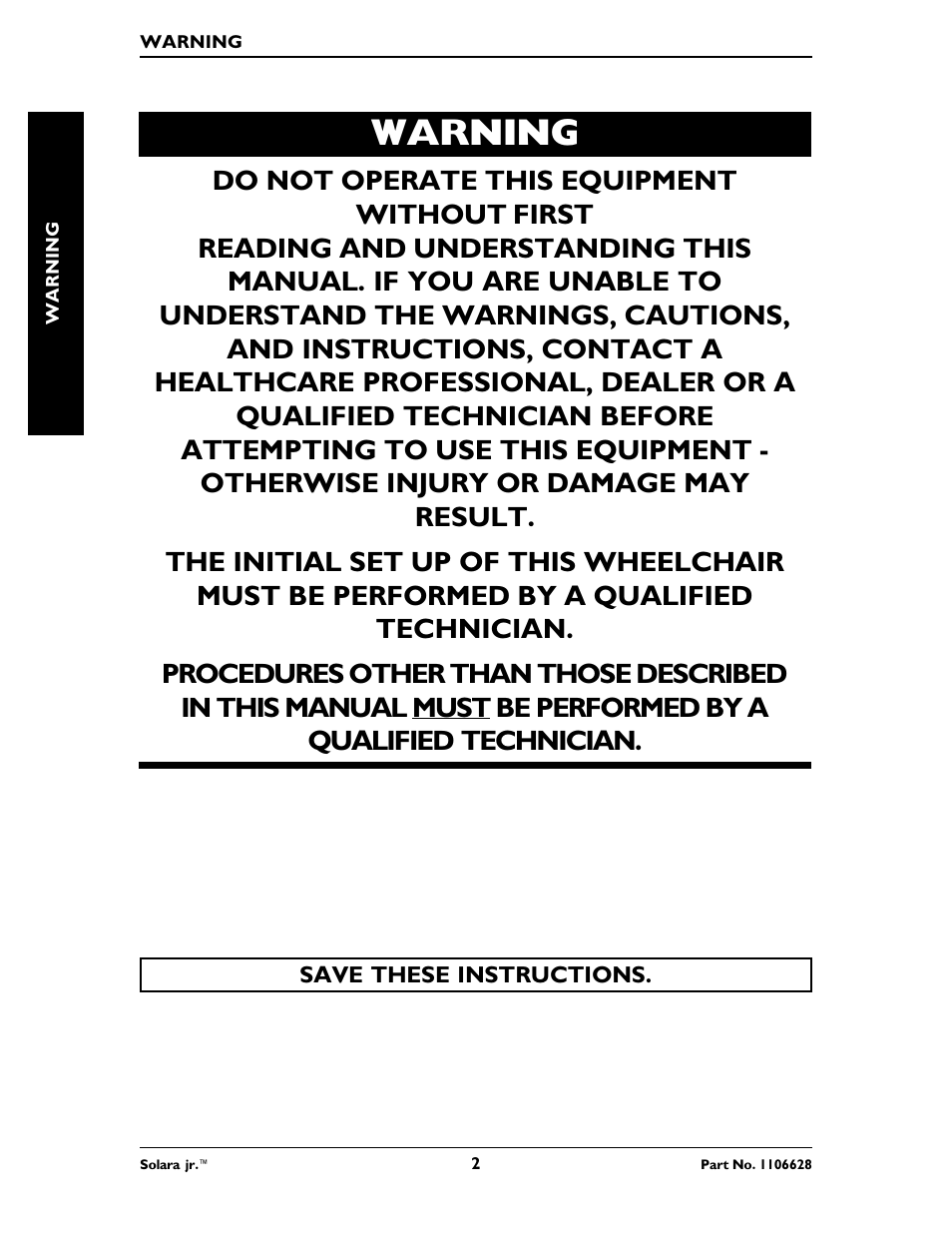 Warning | Invacare Solara Jr. 1106628 User Manual | Page 2 / 60
