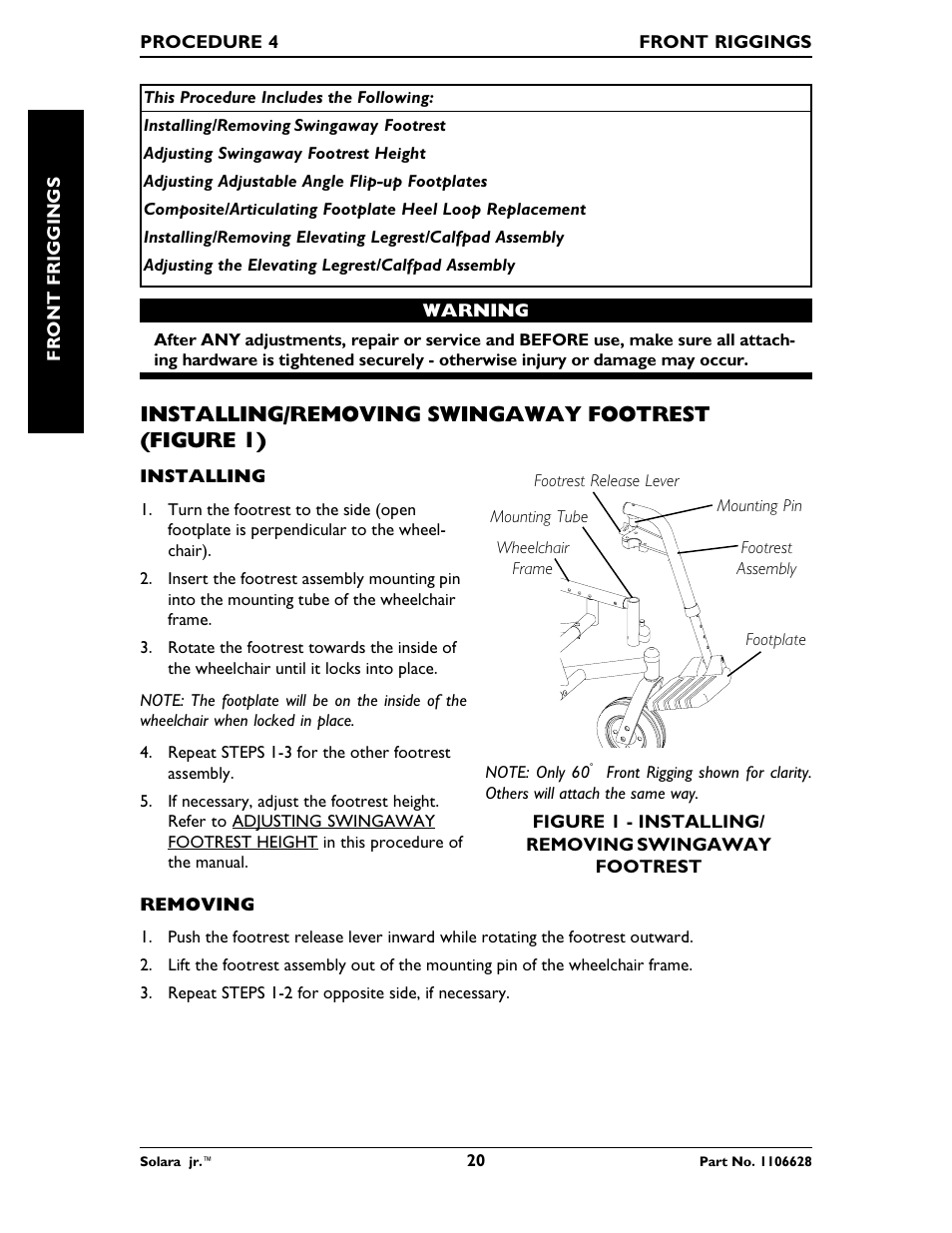 Installing/removing swingaway footrest (figure 1) | Invacare Solara Jr. 1106628 User Manual | Page 20 / 60