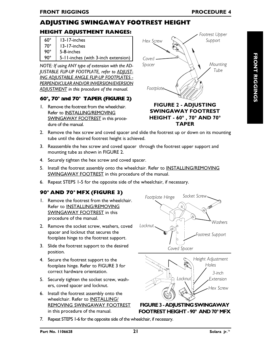 Adjusting swingaway footrest height | Invacare Solara Jr. 1106628 User Manual | Page 21 / 60