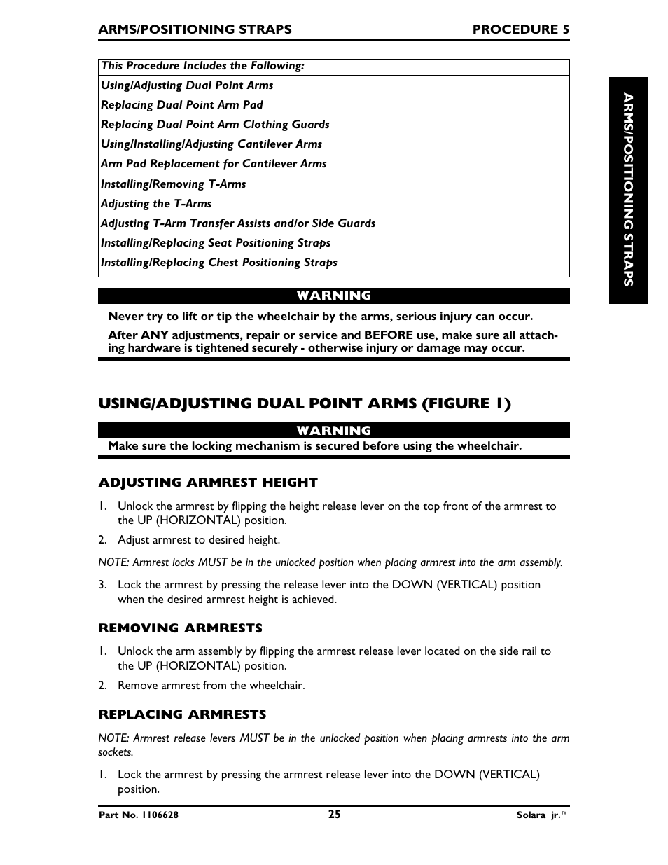 Using/adjusting dual point arms (figure 1) | Invacare Solara Jr. 1106628 User Manual | Page 25 / 60