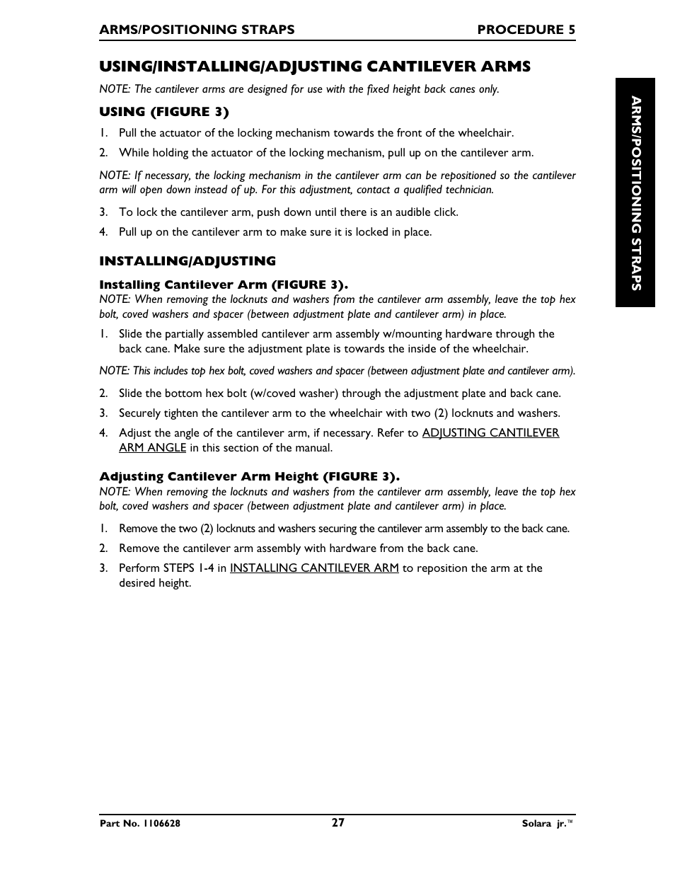 Using/installing/adjusting cantilever arms | Invacare Solara Jr. 1106628 User Manual | Page 27 / 60