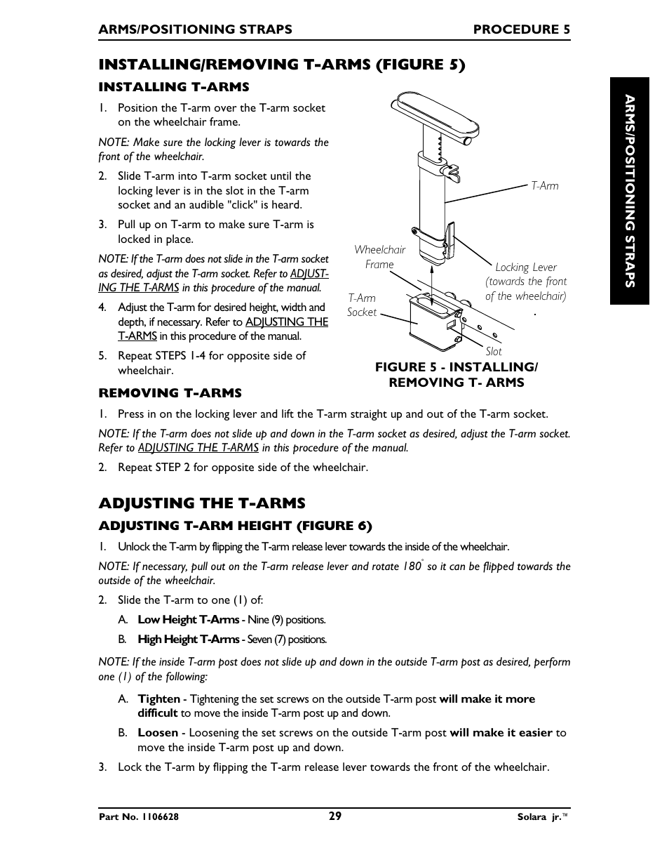 Installing/removing t-arms (figure 5), Adjusting the t-arms | Invacare Solara Jr. 1106628 User Manual | Page 29 / 60