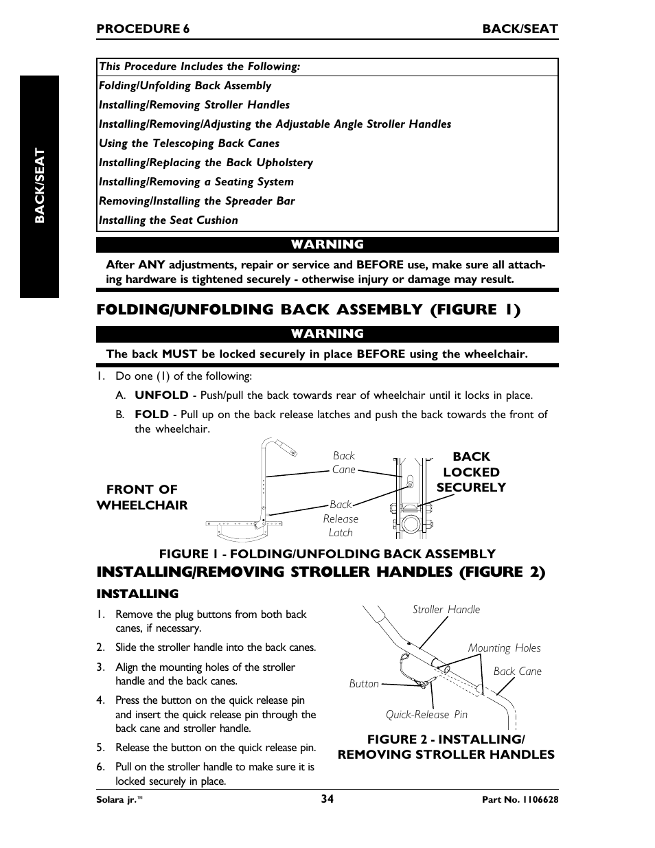 Installing/removing stroller handles (figure 2), Folding/unfolding back assembly (figure 1) | Invacare Solara Jr. 1106628 User Manual | Page 34 / 60