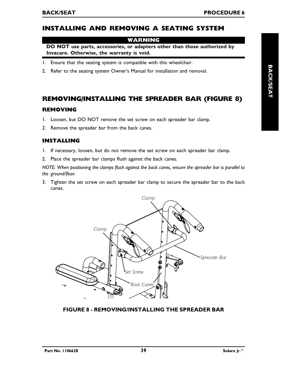 Installing and removing a seating system, Removing/installing the spreader bar (figure 8) | Invacare Solara Jr. 1106628 User Manual | Page 39 / 60