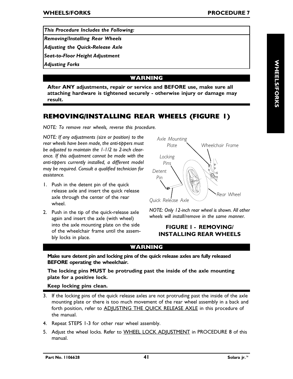 Removing/installing rear wheels (figure 1) | Invacare Solara Jr. 1106628 User Manual | Page 41 / 60