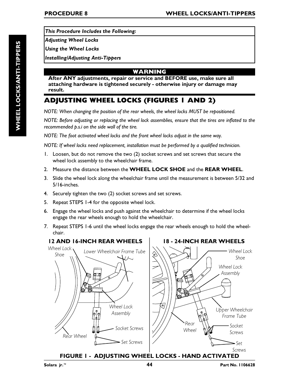 Adjusting wheel locks (figures 1 and 2) | Invacare Solara Jr. 1106628 User Manual | Page 44 / 60