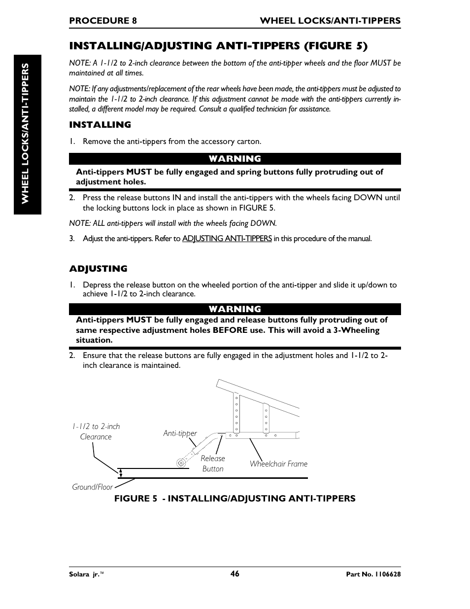 Installing/adjusting anti-tippers (figure 5) | Invacare Solara Jr. 1106628 User Manual | Page 46 / 60