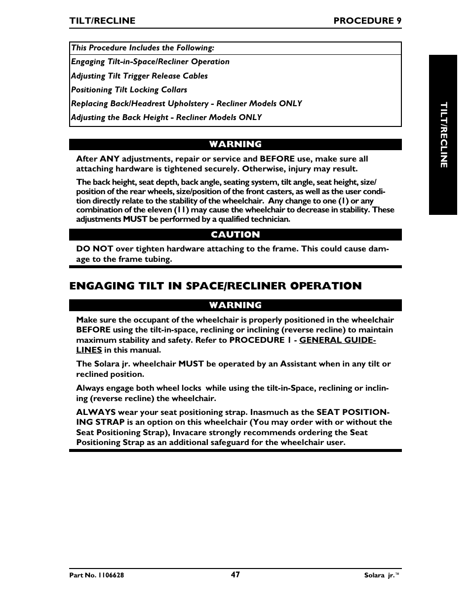 Engaging tilt in space/recliner operation | Invacare Solara Jr. 1106628 User Manual | Page 47 / 60