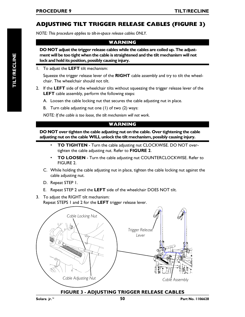 Adjusting tilt trigger release cables (figure 3) | Invacare Solara Jr. 1106628 User Manual | Page 50 / 60