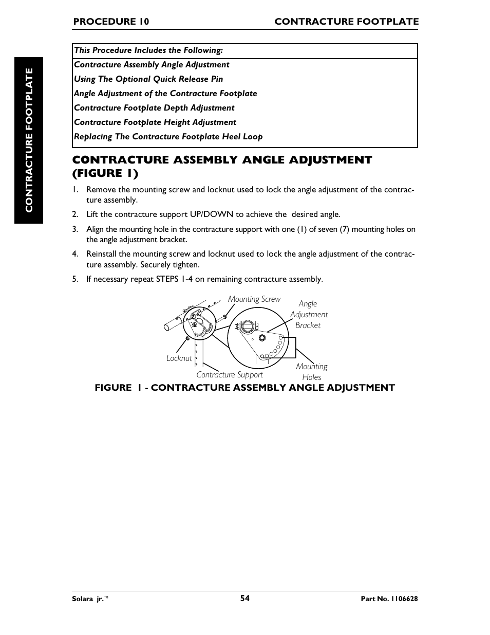 Contracture assembly angle adjustment (figure 1) | Invacare Solara Jr. 1106628 User Manual | Page 54 / 60