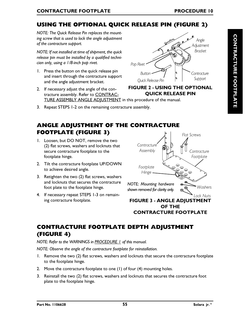 Using the optional quick release pin (figure 2), Contracture footplate depth adjustment (figure 4) | Invacare Solara Jr. 1106628 User Manual | Page 55 / 60