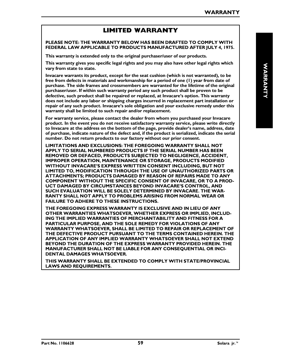 Limited warranty | Invacare Solara Jr. 1106628 User Manual | Page 59 / 60