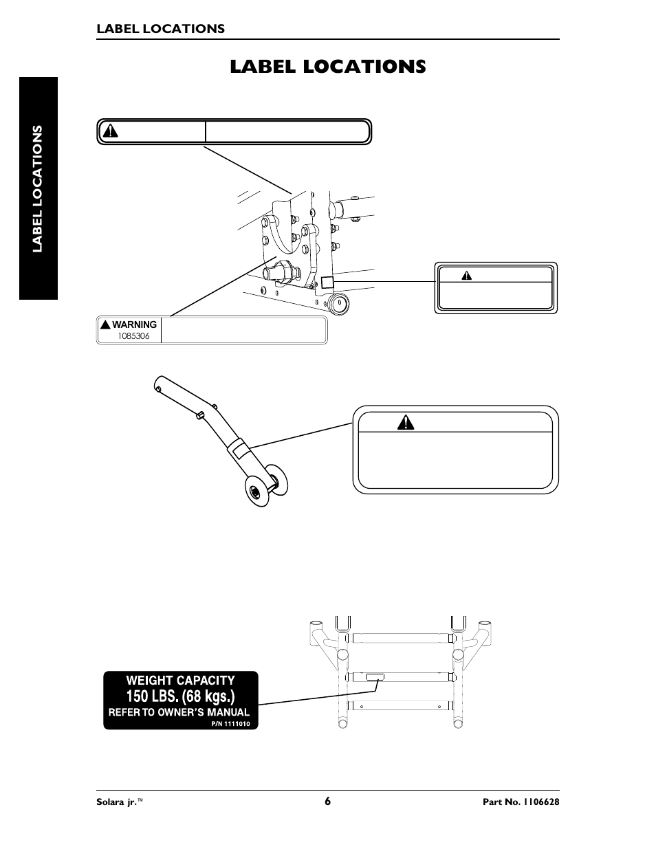 Label locations, Warning | Invacare Solara Jr. 1106628 User Manual | Page 6 / 60