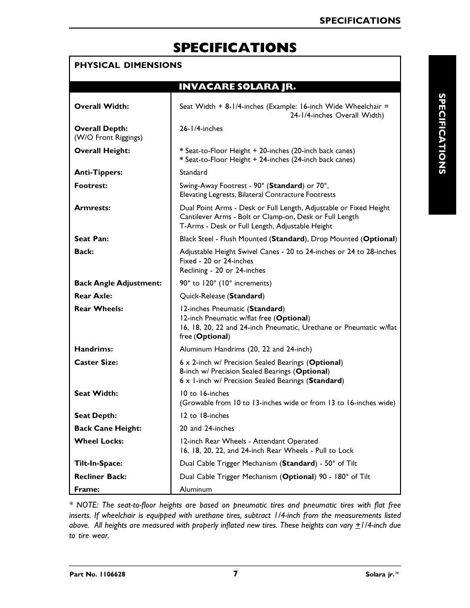 Specifications | Invacare Solara Jr. 1106628 User Manual | Page 7 / 60