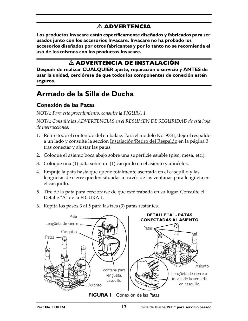 Armado de la silla de ducha, Conexión de las patas | Invacare 9780E User Manual | Page 12 / 28
