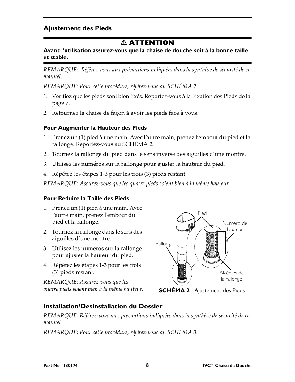 Ajustement des pieds, Installation/desinstallation du dossier | Invacare 9780E User Manual | Page 8 / 28