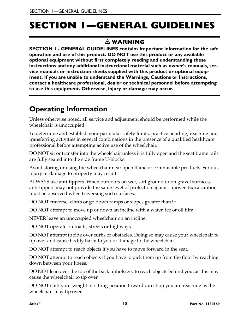 Section 1—general guidelines, Operating information | Invacare Wheelchair Atlas User Manual | Page 10 / 32