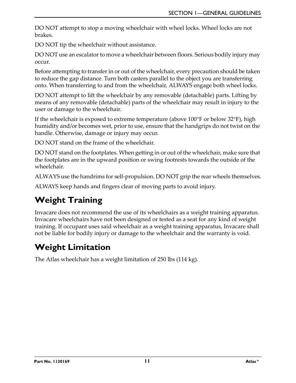 Weight training weight limitation, Weight training, Weight limitation | Invacare Wheelchair Atlas User Manual | Page 11 / 32