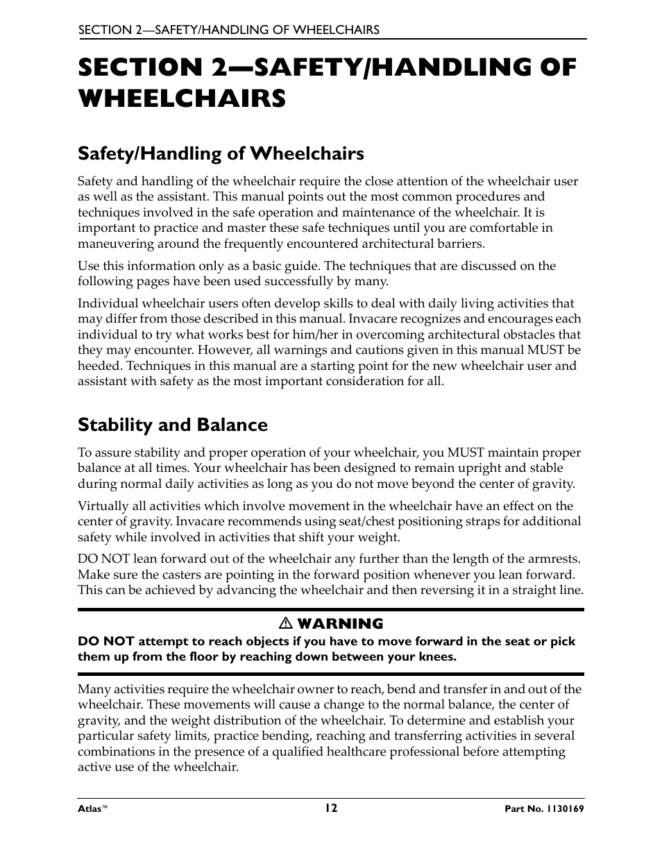 Section 2—safety/handling of wheelchairs, Safety/handling of wheelchairs, Stability and balance | Invacare Wheelchair Atlas User Manual | Page 12 / 32