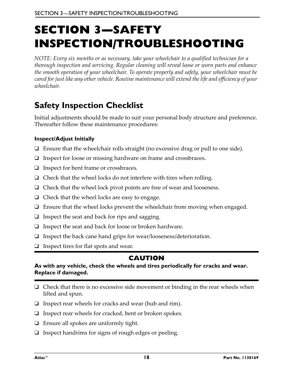 Section 3—safety inspection/troubleshooting, Safety inspection checklist, Inspect/adjust initially | Invacare Wheelchair Atlas User Manual | Page 18 / 32