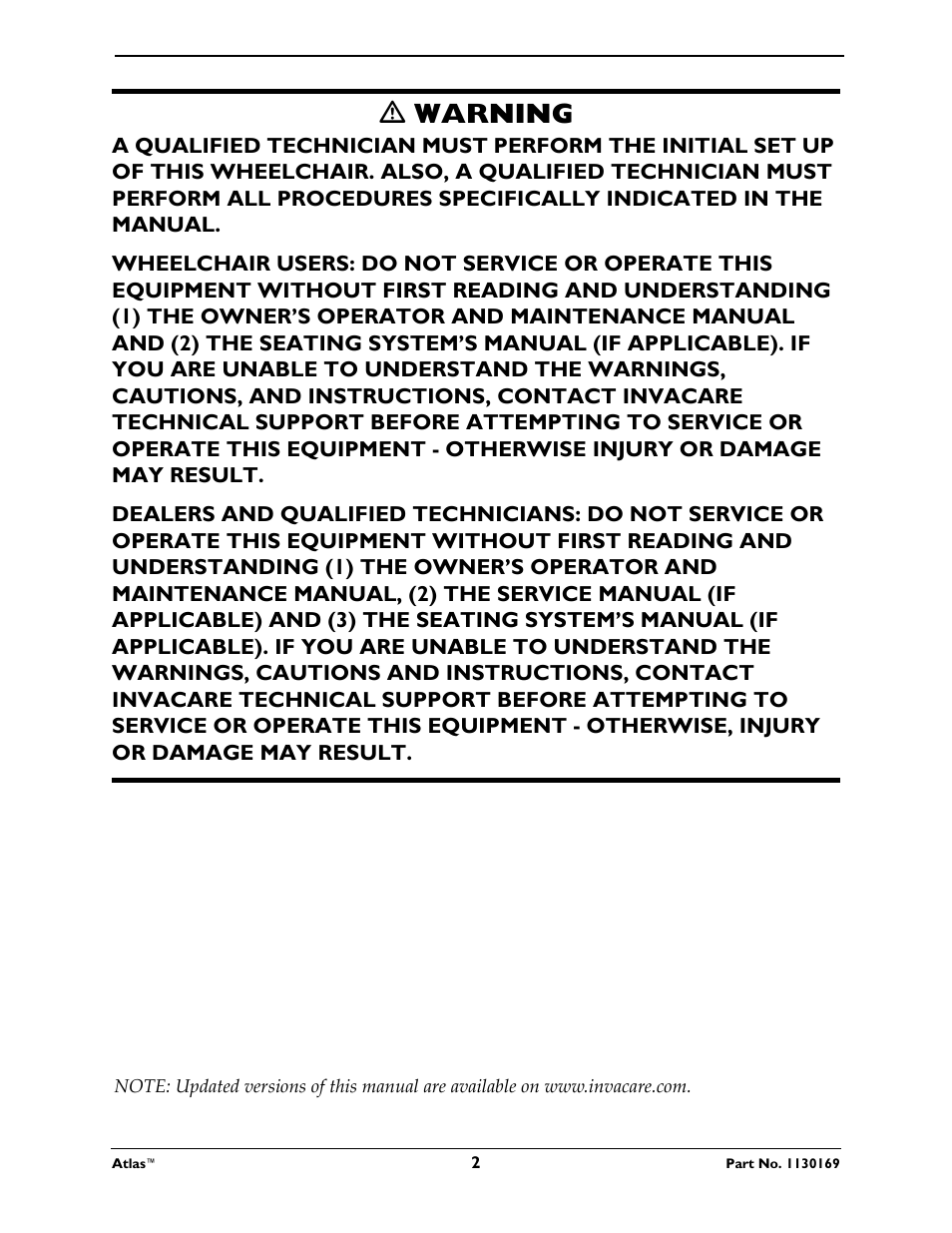 Ƽ warning | Invacare Wheelchair Atlas User Manual | Page 2 / 32