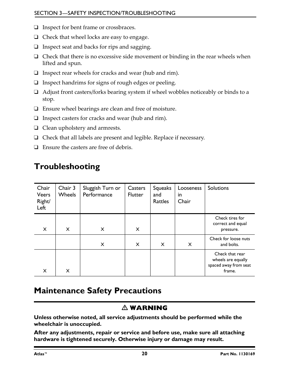 Troubleshooting maintenance safety precautions, Ƽ warning | Invacare Wheelchair Atlas User Manual | Page 20 / 32