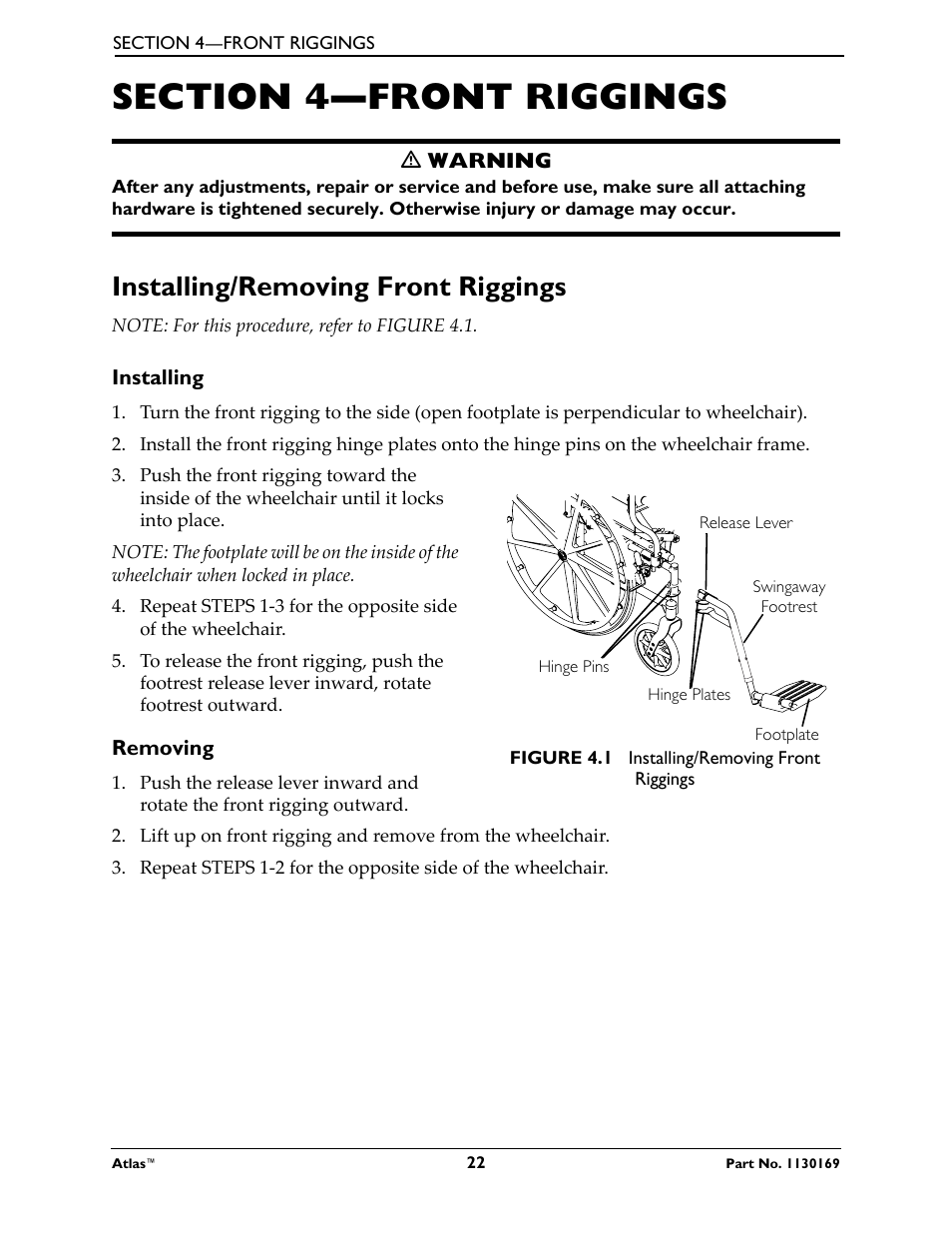 Section 4—front riggings, Installing/removing front riggings, Installing removing | Invacare Wheelchair Atlas User Manual | Page 22 / 32