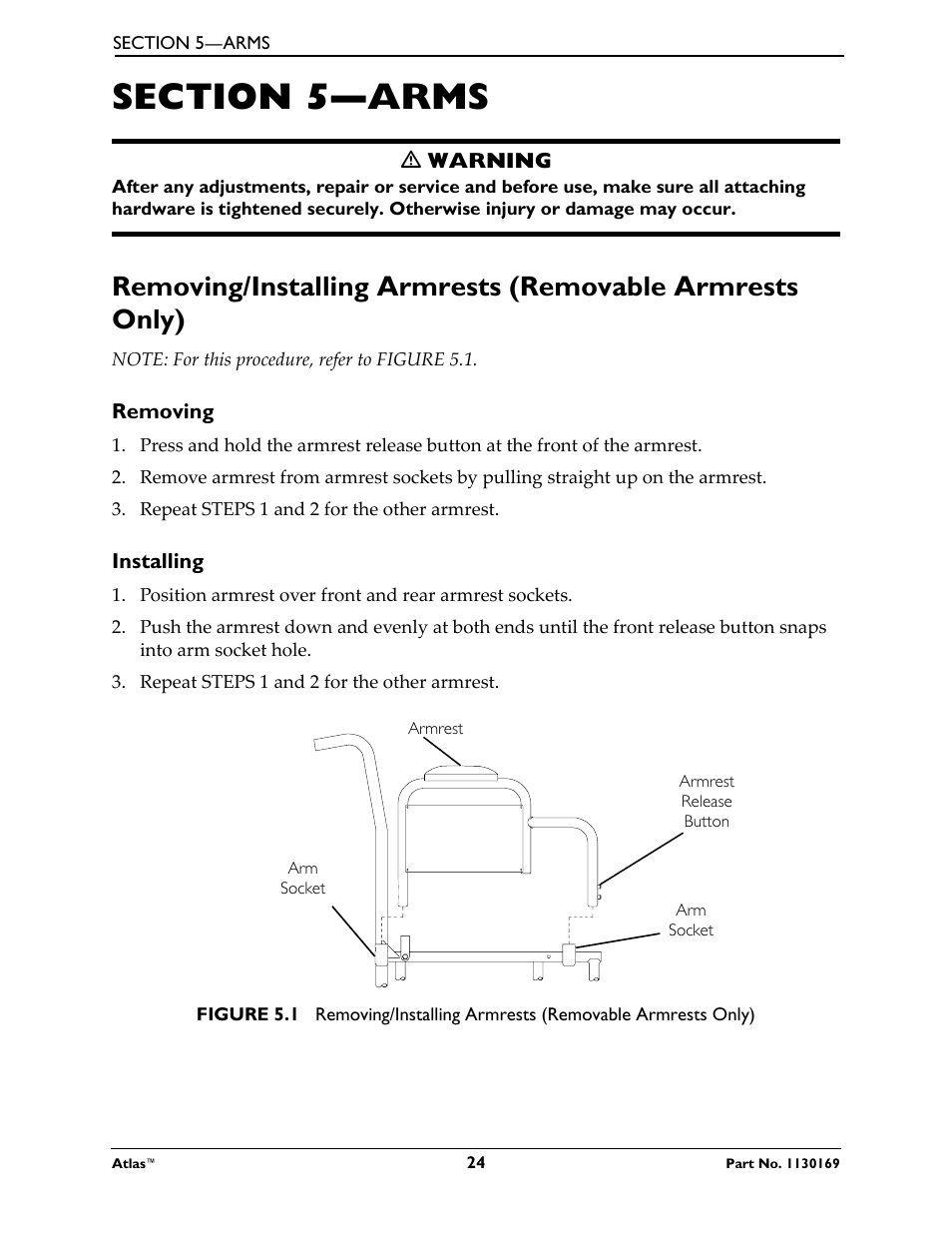 Section 5—arms, Removing installing | Invacare Wheelchair Atlas User Manual | Page 24 / 32