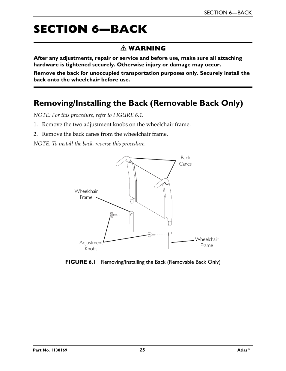 Section 6—back, Removing/installing the back (removable back only) | Invacare Wheelchair Atlas User Manual | Page 25 / 32