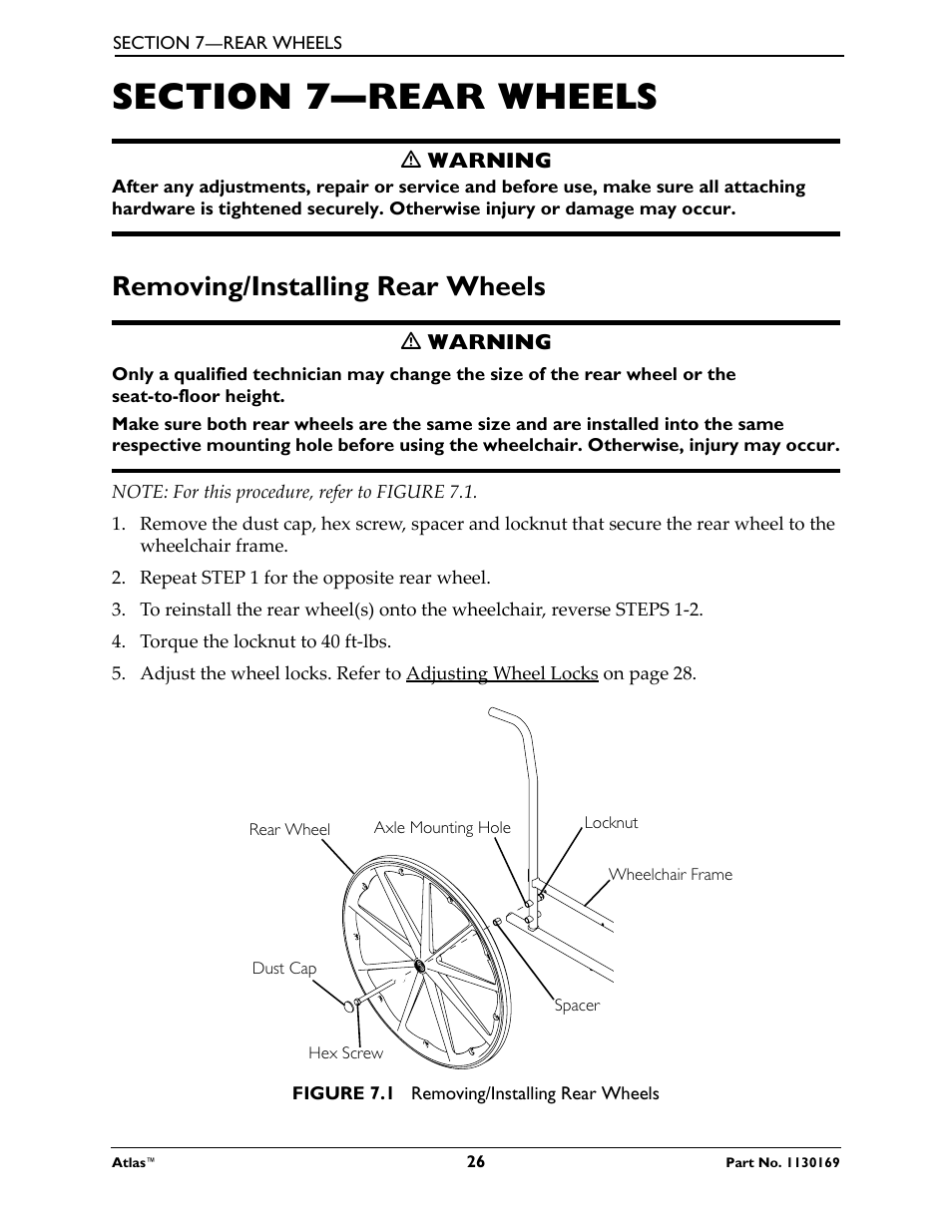 Section 7—rear wheels, Removing/installing rear wheels | Invacare Wheelchair Atlas User Manual | Page 26 / 32