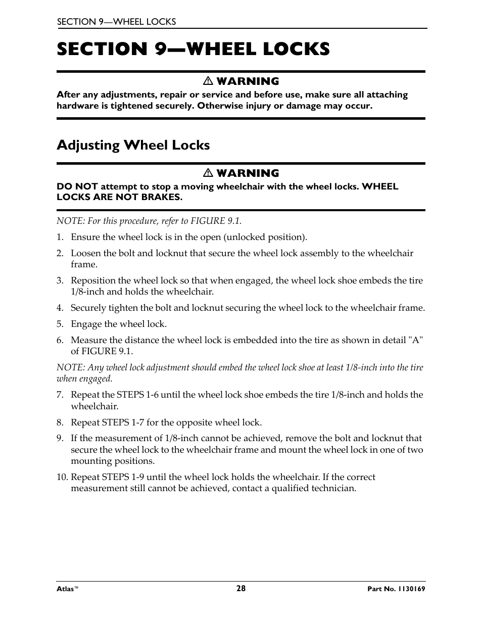 Section 9—wheel locks, Adjusting wheel locks | Invacare Wheelchair Atlas User Manual | Page 28 / 32