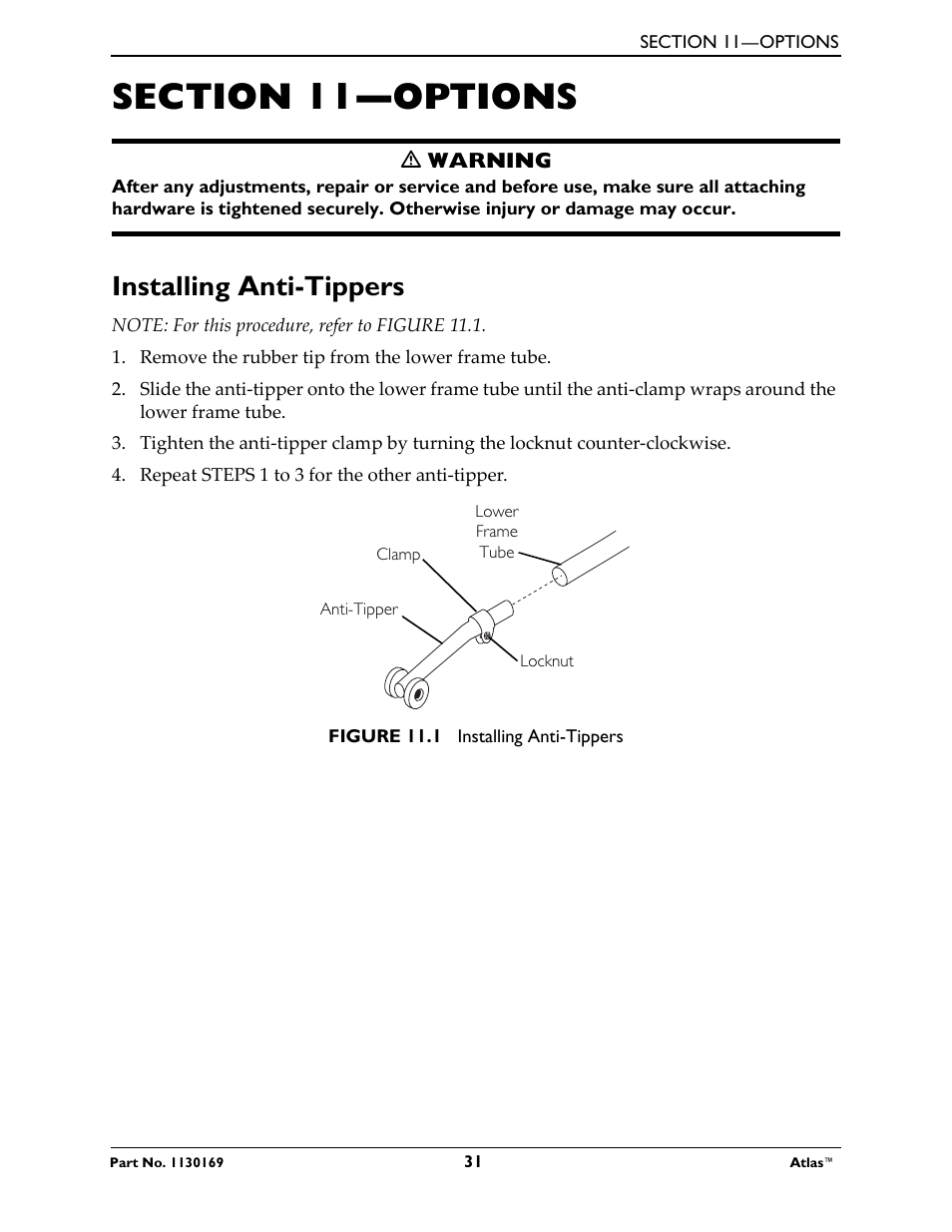 Section 11—options, Installing anti-tippers | Invacare Wheelchair Atlas User Manual | Page 31 / 32