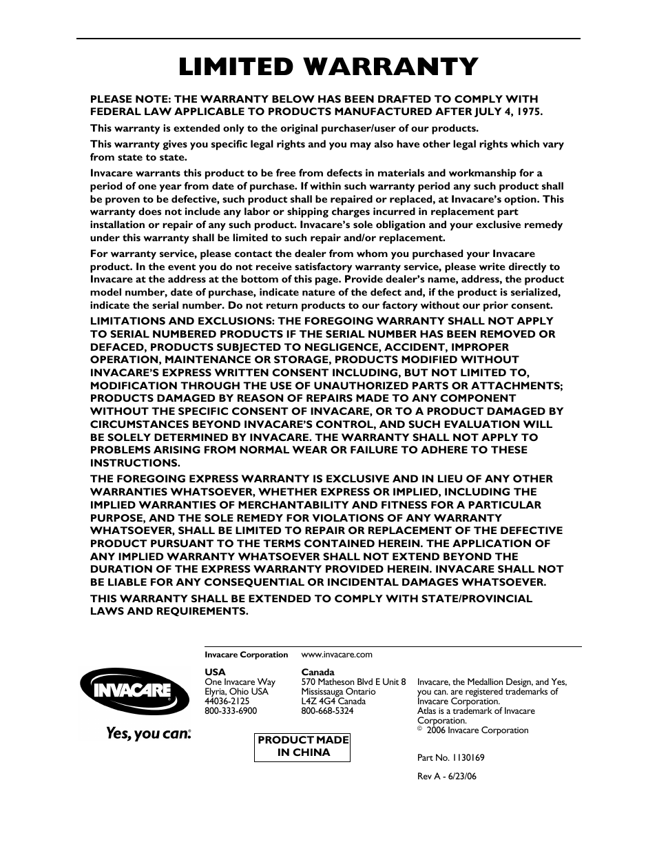 Part no. 1130169, Limited warranty | Invacare Wheelchair Atlas User Manual | Page 32 / 32