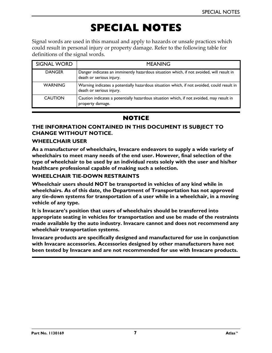 Special notes | Invacare Wheelchair Atlas User Manual | Page 7 / 32