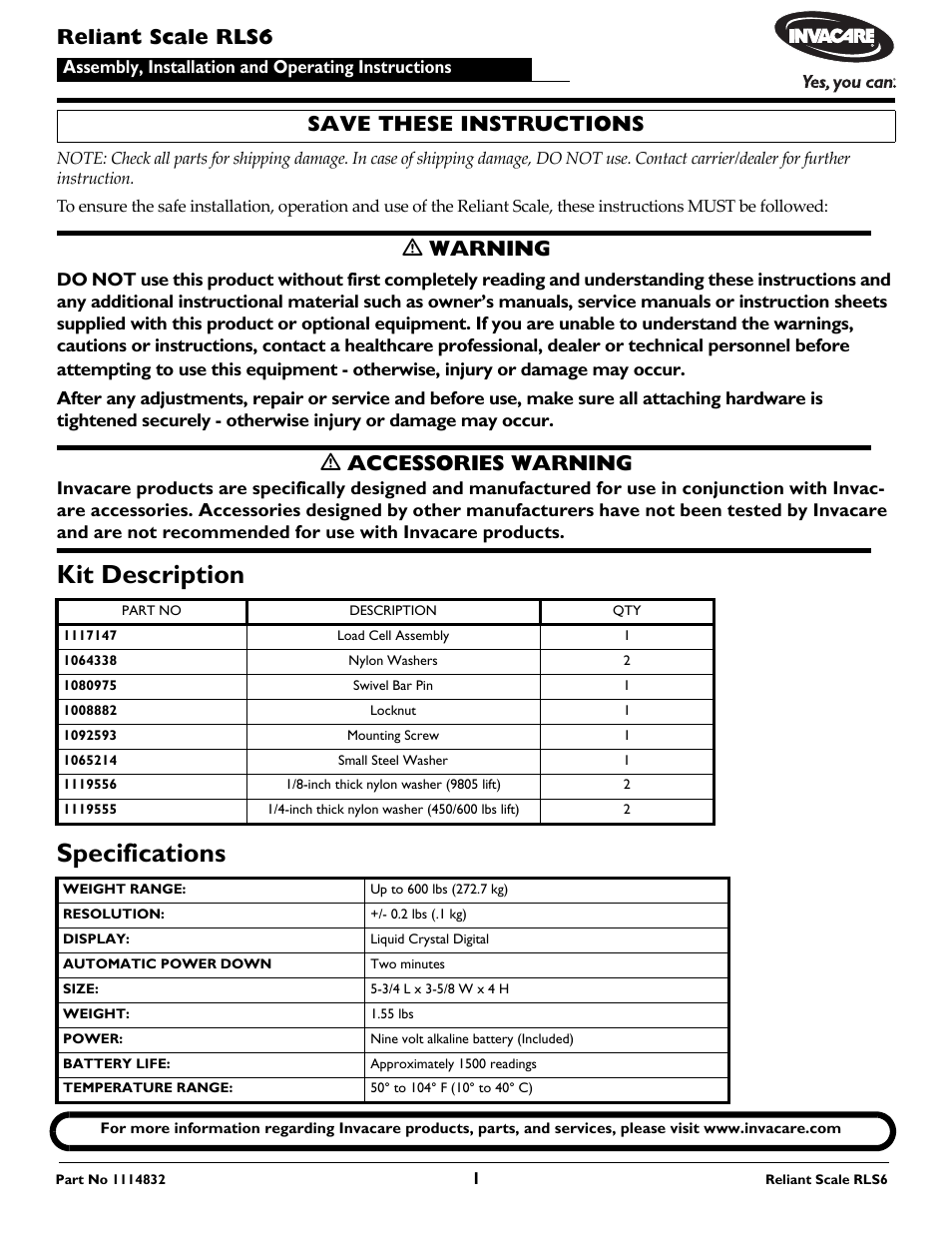 Invacare RLS6 User Manual | 8 pages