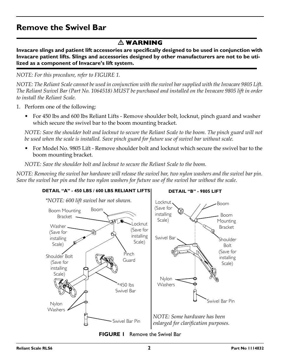 Remove the swivel bar, Ƽ warning | Invacare RLS6 User Manual | Page 2 / 8