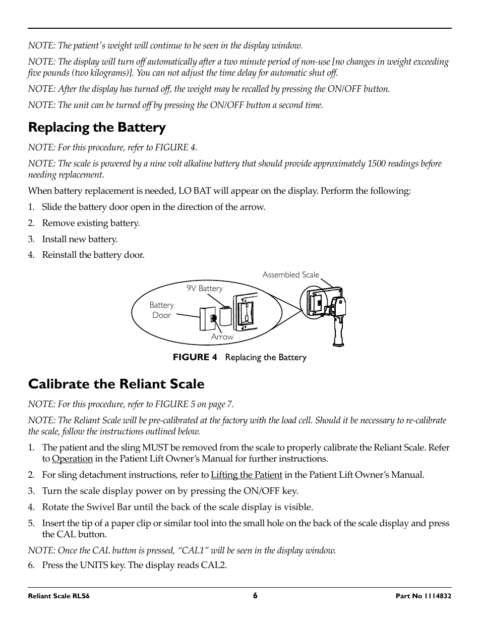 Replacing the battery, Calibrate the reliant scale | Invacare RLS6 User Manual | Page 6 / 8