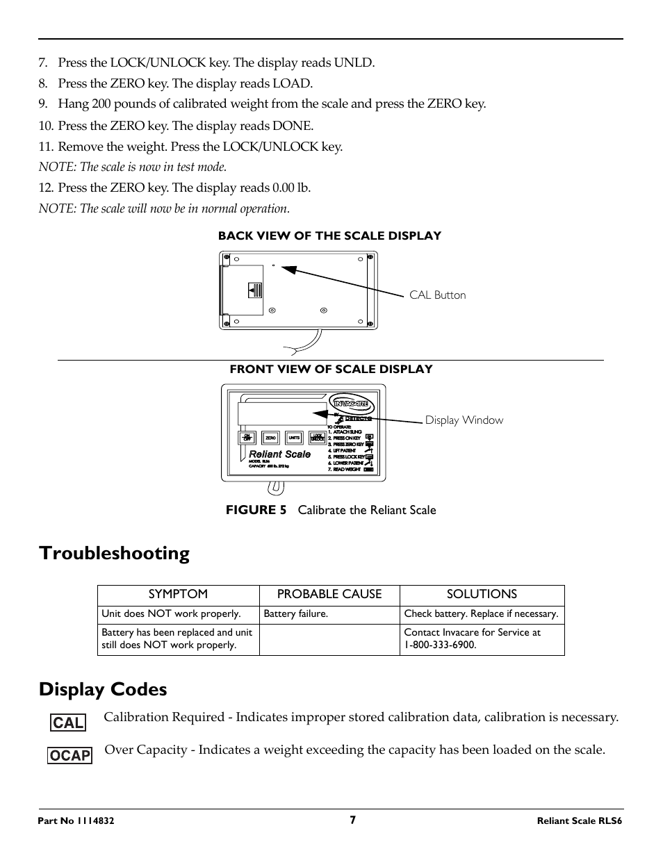 Troubleshooting display codes | Invacare RLS6 User Manual | Page 7 / 8