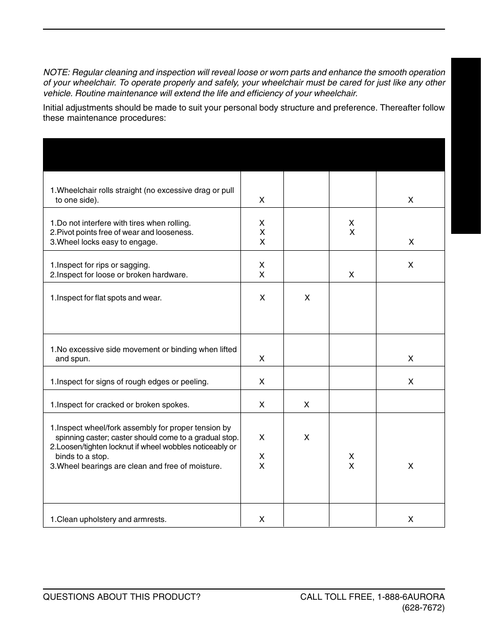 Safety inspection checklist | Invacare Lightweight Aluminum Wheelchair User Manual | Page 11 / 24