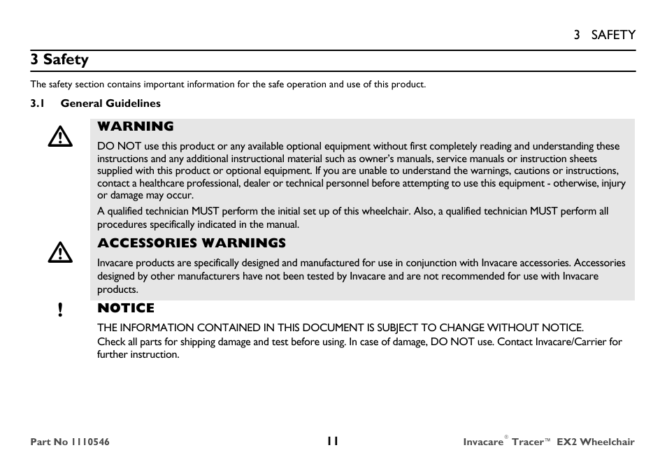 Safety, General guidelines, 3 safety | Invacare TRACER EX2 User Manual | Page 11 / 64