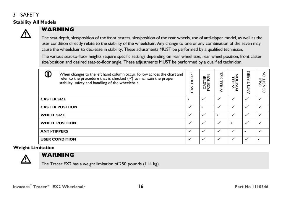 3 safety, Warning | Invacare TRACER EX2 User Manual | Page 16 / 64