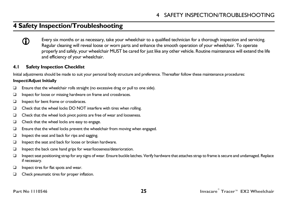Safety inspection/troubleshooting, Safety inspection checklist, 4 safety inspection/troubleshooting | Invacare TRACER EX2 User Manual | Page 25 / 64