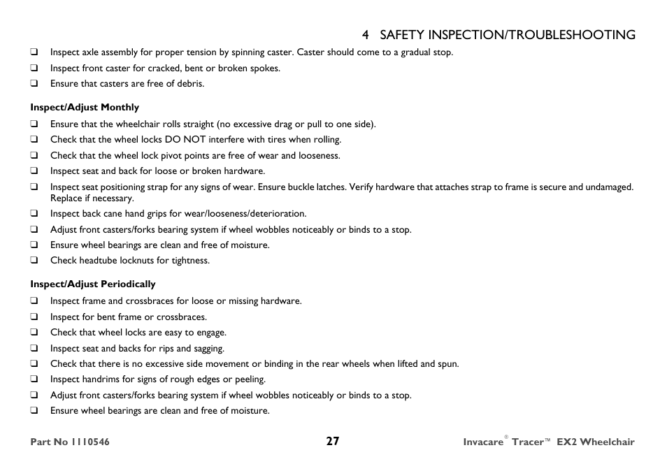4 safety inspection/troubleshooting | Invacare TRACER EX2 User Manual | Page 27 / 64