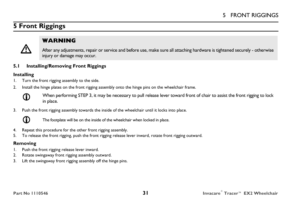 Front riggings, Installing/removing front riggings, 5 front riggings | Invacare TRACER EX2 User Manual | Page 31 / 64