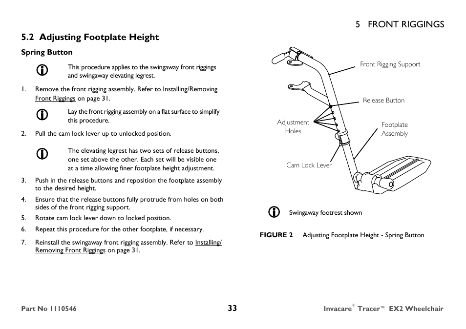 Adjusting footplate height | Invacare TRACER EX2 User Manual | Page 33 / 64