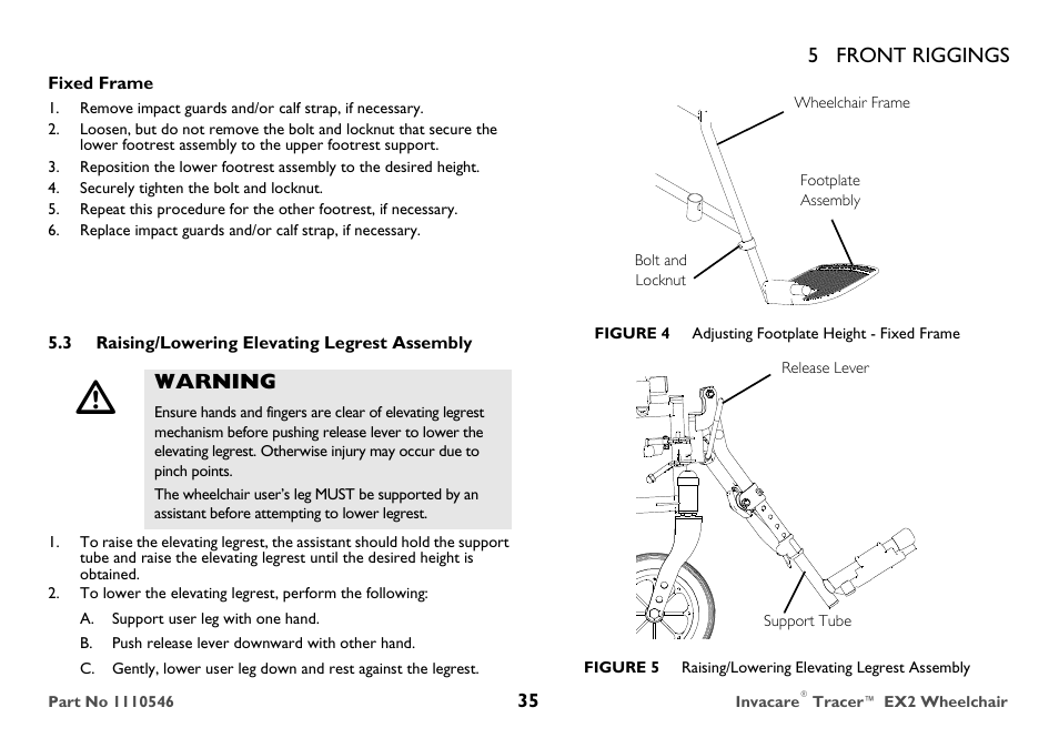 Raising/lowering elevating legrest assembly, 5 front riggings, Warning | Invacare TRACER EX2 User Manual | Page 35 / 64