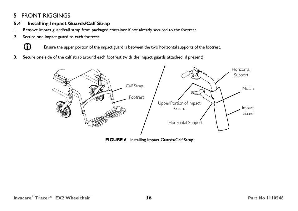 Installing impact guards/calf strap, 5 front riggings | Invacare TRACER EX2 User Manual | Page 36 / 64